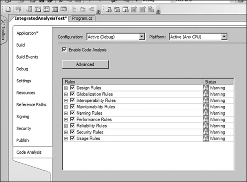 Visual Studio 2005 integrated code analysis configuration.