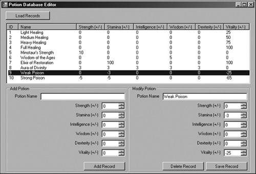 Screenshot of the potion database editor example on the Companion Web site.