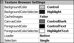 Properties for the texture browser control.