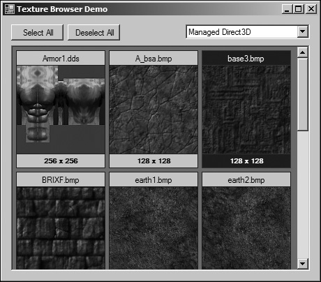 Screenshot of the demo application using the texture browser.