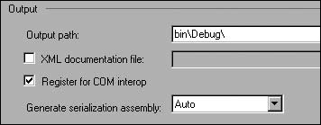 The Register for COM Interop property in the Visual Studio IDE Build page.