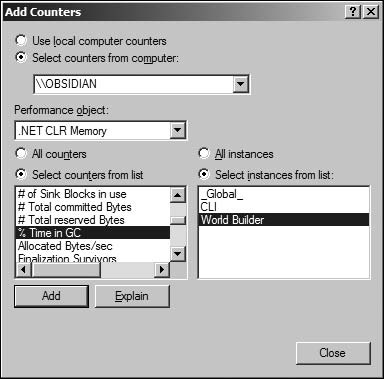 Dialog shown to select performance counters to utilize.