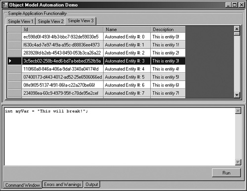 Integrated C# command window for automation.