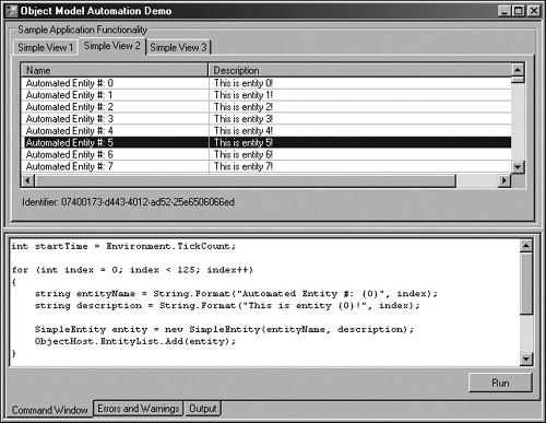 Screenshot of list style display of the object model data.