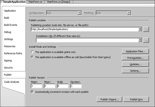 Application configuration page for ClickOnce deployment.