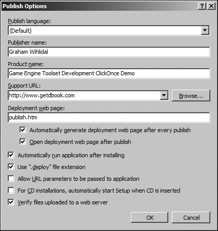 Publishing options screen for ClickOnce.