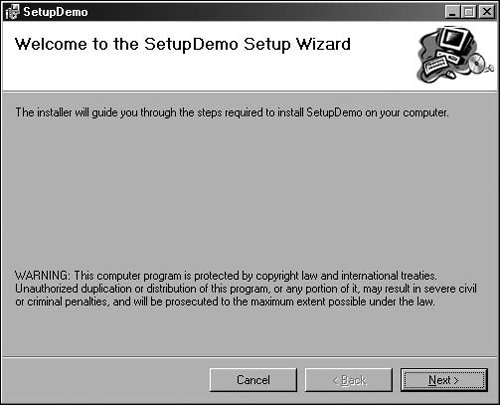 Welcome screen shown to users for SetupDemo.