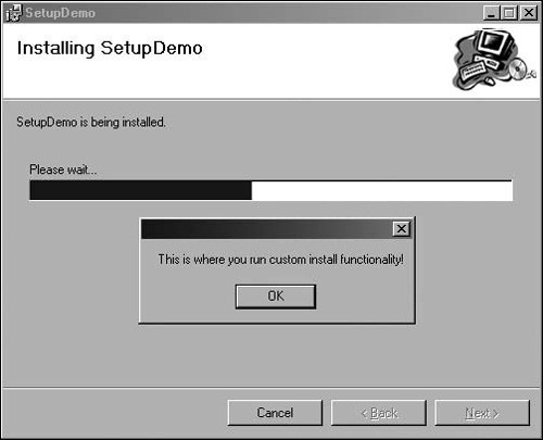 Custom installer action firing during installation.