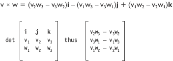 Cross product (outer product). The perpendicular to the two vectors v and w.