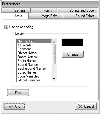 Color preferences specify the colors used by Game Maker to display text.