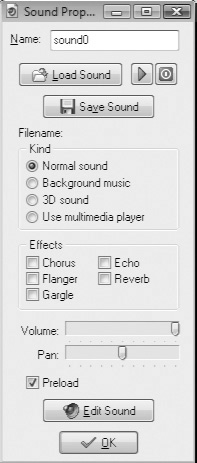 Adding a sound to a game and configuring its type, effects, and volume.