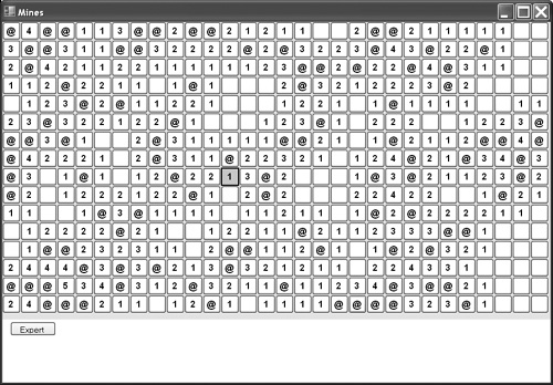 A correctly initialized minefield after the first click.