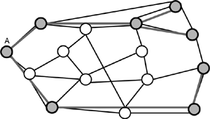 A multicast spanning tree rooted at A to the set of all members of the multicast group.