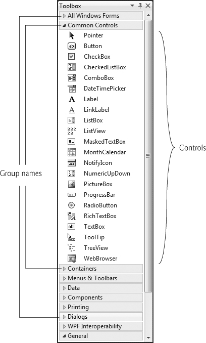 Toolbox window displaying controls for the Common Controls group.