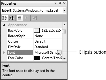 Properties window displaying the Label’s Font property.