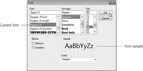 Font dialog for selecting fonts, styles and sizes.