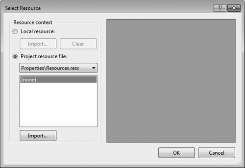 Select Resource dialog to select an image for the PictureBox.