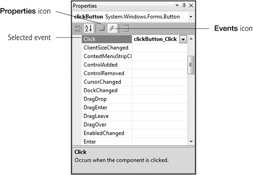 Viewing events for a Button control in the Properties window.