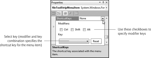 Setting a menu item’s shortcut keys.