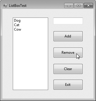 Program that adds, removes and clears ListBox items.