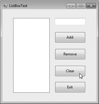 Program that adds, removes and clears ListBox items.