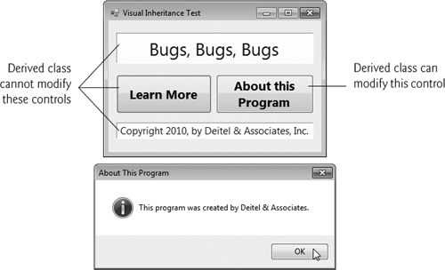 Class VisualInheritanceTestForm, which inherits from class VisualInheritanceBaseForm, contains an additional Button.