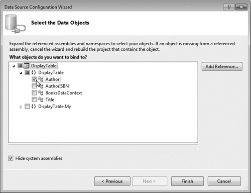 Selecting the Author LINQ to SQL class as the data source.