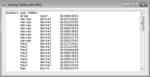 Outputs from the Joining Tables with LINQ application.