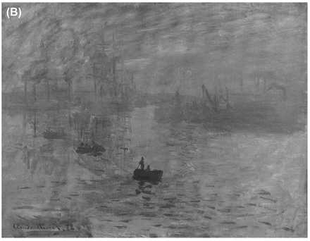 FIGURE 16 The sun appears to shimmer because our “where” system can’t pin down its exact location (A). If we desaturate the image (B), which represents the data our “where” system processes, the sun disappears. Claude Monet, Impression, soleil levant, oil on canvas, 1872, Musée Marmottan Monet, Paris.