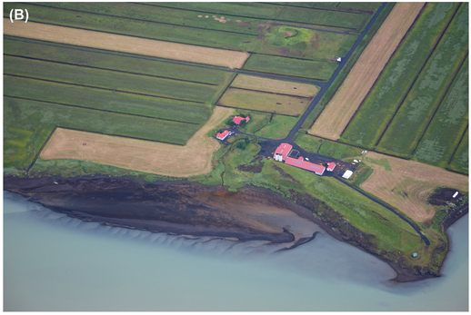 FIGURE 4 In these two similar aerial shots, compare the softer and more natural feeling of the winding road in A to the more manufactured feeling created by the straight boundaries around the fields in B.