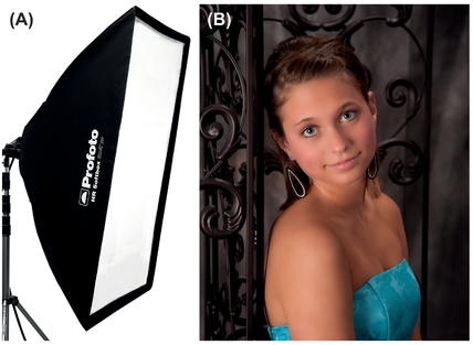 FIGURE 5 Soft light modifiers include umbrellas and softboxes, such as this Profoto model (A). Their goal is to create a large, illuminating surface from your flash or strobe. They don’t create deep shadows on your subject and are helpful when creating a very evenly lit image (B). Figure 5A courtesy Profoto, and Figure 5B provided by Country Setting Portraits, Fairview, PA.