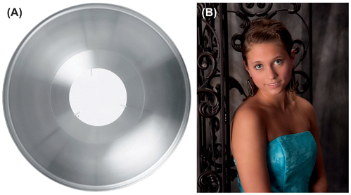 FIGURE 6 Beauty dishes, such as this Profoto Softlight Reflector (A), create a harder light than a softbox, although it’s still a soft light since it’s a larger light surface than a bare strobe. Although the light in this image (B, provided by Country Setting Portraits, Fairview, PA) is still fairly soft, it’s harder and more directional than the lighting in Figure 5.