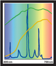 FIGURE 7 Approximate emission spectrums of daylight (green line), tungsten lights (orange line), and fluorescent lights (blue line). The y-axis represents the approximate relative intensities of each wavelength. You can clearly see that daylight contains many frequencies of light, tungsten light is biased toward red/orange/yellow light, and fluorescent light has distinct peaks at each hue but doesn’t contain a full spectrum.