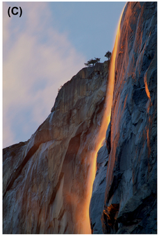 FIGURE 15 This is a shot of the “firefall,” a backlit, seasonal waterfall called Horsetail Fall in Yosemite Valley, that happens in February some years, when there’s enough snow. We set up a frame we liked (A) upon imagining what the light was going to do, waited for the right light and adjusted our frame a tiny bit once we saw the actual light (B), and then waited for a cloud to come into the frame to add some texture and visual intensity to the sky (C).