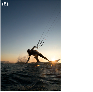 FIGURE 17 We were in the water, aiming for side or front lighting on this kiteboarder (A), but she came close enough to the camera that we were following her just to see what happened. The sunset lighting was actually fairly pretty, and it created an interesting silhouette (B). The spray from the surfboard’s wake created a very neat image and sprinkled the lens (C), and we kept pressing the shutter button, waiting for the decisive moment (D). Trying to recreate this shot later (E) didn’t lead to such good results as this singular, unintended moment.