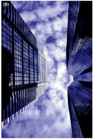 FIGURE 19 (A) Image before using polarizer. (B) Using a polarizer not only deepens the blue of the sky, it emphasizes the clouds and reduces reflections on the buildings. Image courtesy Art Becker.