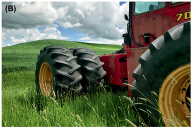 FIGURE 23 The head on tractor shot in (A) has less sense of depth than the partial side angle shot (B) which includes depth cues such as converging lines as well as changes in the relative size of the wheels.