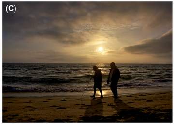 FIGURE 25 By moving the camera during a long exposure we created a painterly rendition of a sunset (A). We looked down and played with the water’s edge (B), and looked up to see an older couple passing by (C), all of which added interest to what was a rather ordinary sunset.