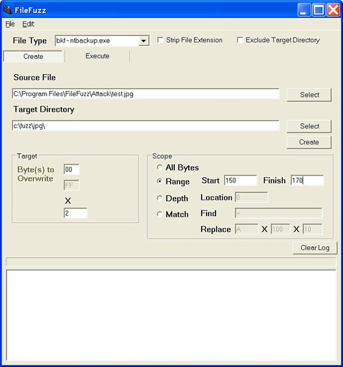 FileFuzz Create tab settings for JPEG fuzzing