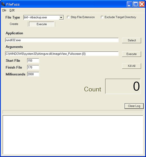 FileFuzz Execute tab settings for JPEG fuzzing