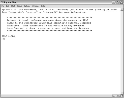 The starting screen of the IDLE editor. The first line tells you which version of Python you are using—in this case, it’s version 3.0b1.