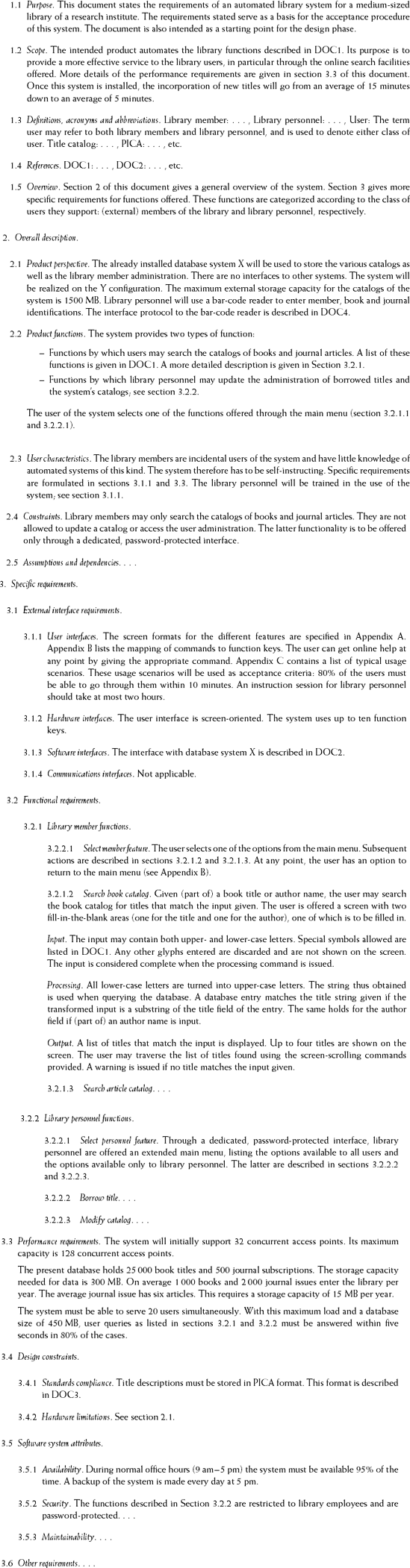 Partial requirements specification for the library example