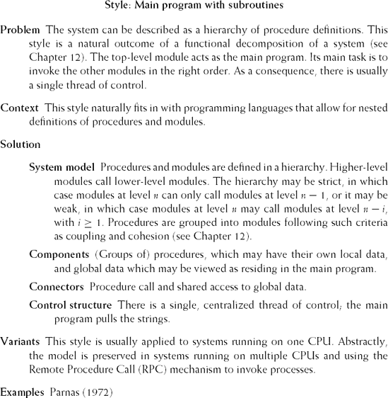 Main-program-with-subroutines architectural style (Source: M. Shaw, Some Patterns for Software Architectures, in (Vlissides et al., 1996, pp. 255–269). Reproduced by permission of M. Shaw.)