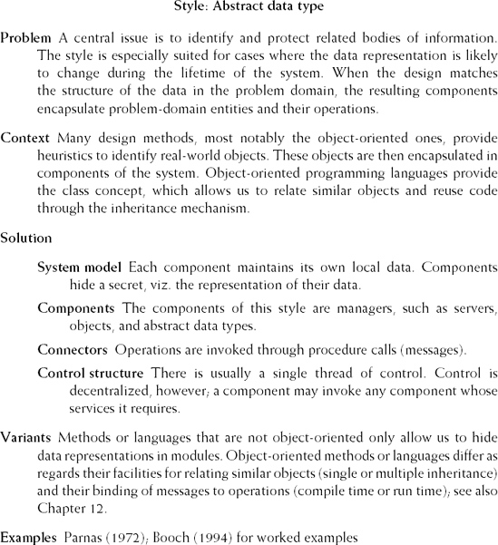 Abstract-data-type architectural style (Source: M. Shaw, Some Patterns for Software Architectures, in (Vlissides et al., 1996, pp. 255–269). Reproduced by permission of M. Shaw.)