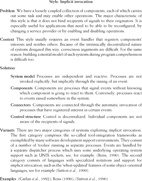 Implicit-invocation architectural style (Source: M. Shaw, Some Patterns for Software Architectures, in (Vlissides et al., 1996, pp. 255–269). Reproduced by permission of M. Shaw.)