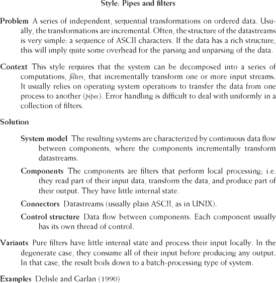 Pipes-and-filters architectural style (Source: M. Shaw, Some Patterns for Software Architectures, in (Vlissides et al., 1996, pp. 255–269). Reproduced by permission of M. Shaw.)