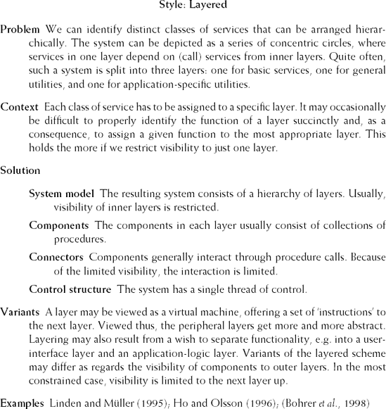 Layered architectural style (Source: M. Shaw, Some Patterns for Software Architectures, in (Vlissides et al., 1996, pp. 255–269). Reproduced by permission of M. Shaw.)