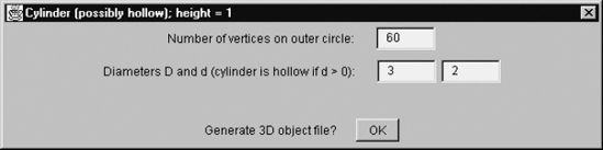 Dialog box for (possibly hollow) cylinder