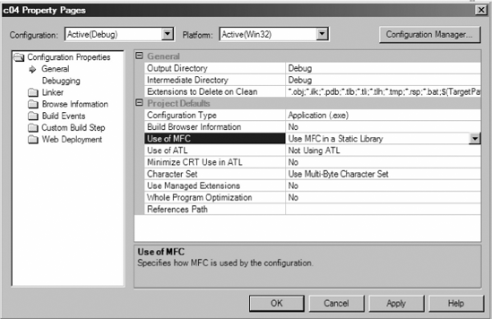 Choosing the MFC static library.