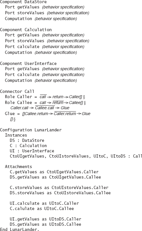 Lunar Lander modeled in Wright. Some behavioral specifications are omitted for simplicity but the Call connector is fully specified.